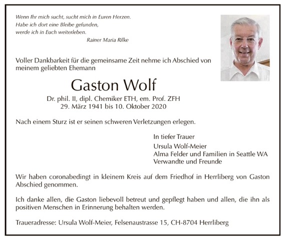Todesanzeige Gaston Wolf